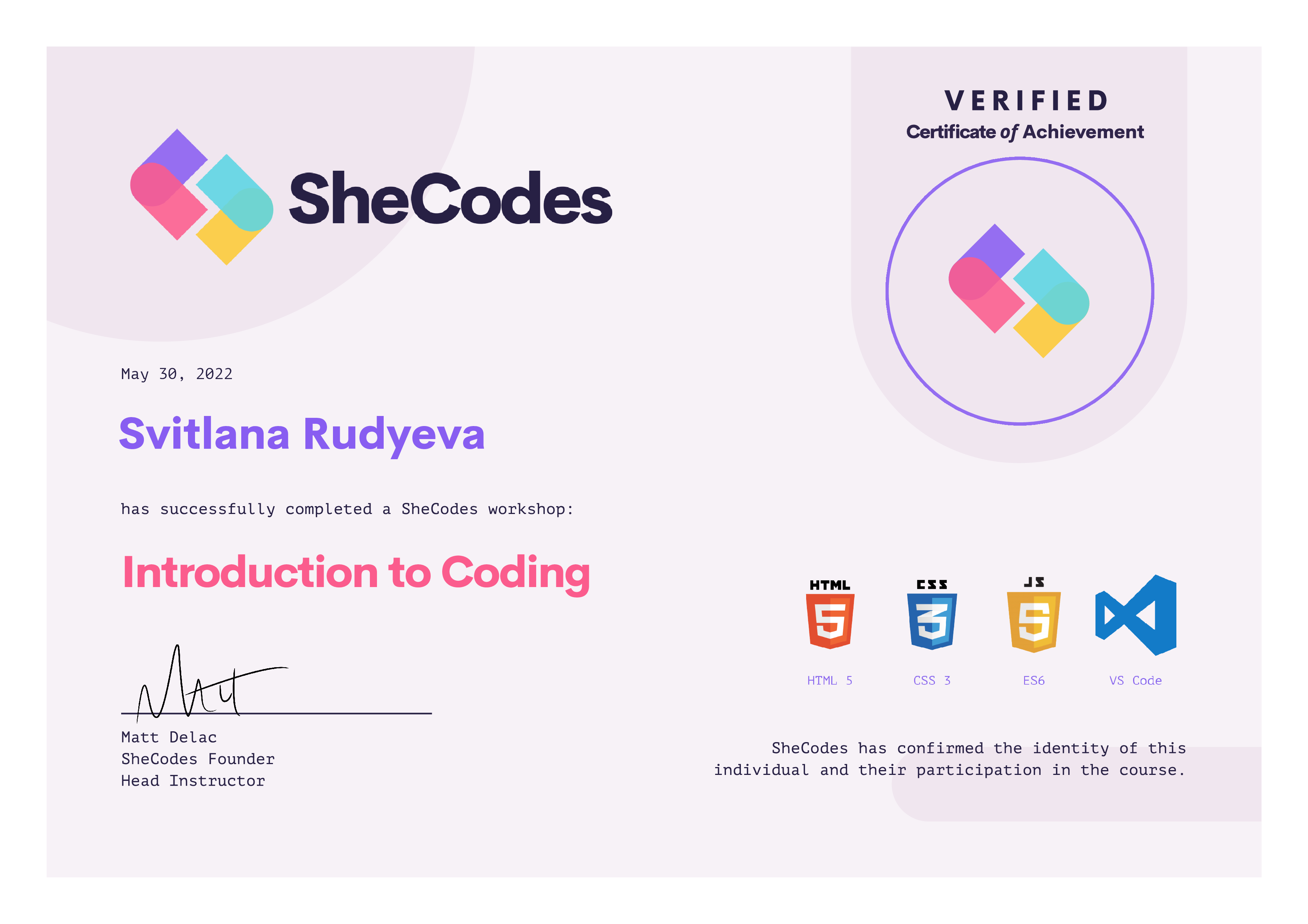 Certificate Introduction to coding