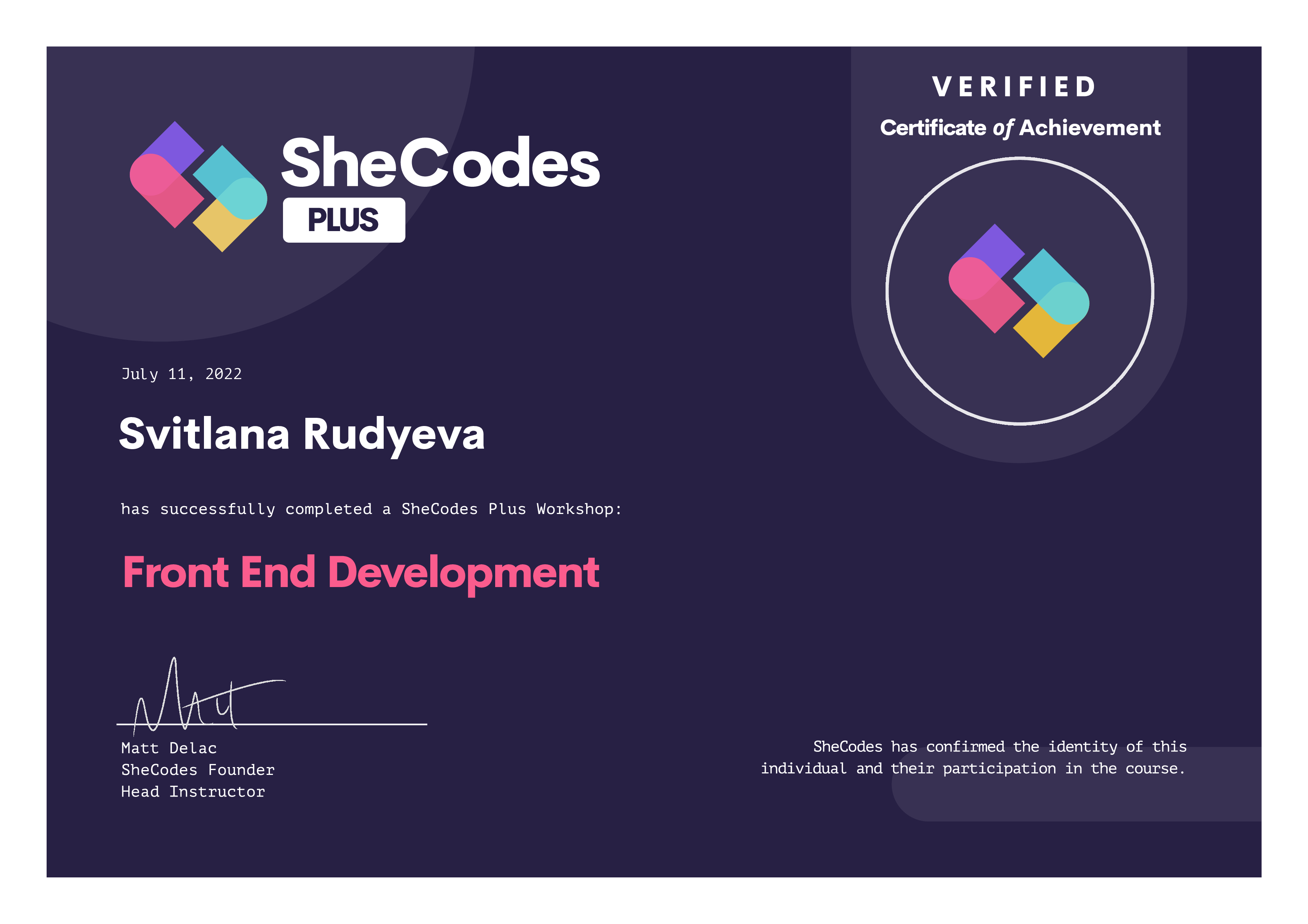 Certificate Front End Development