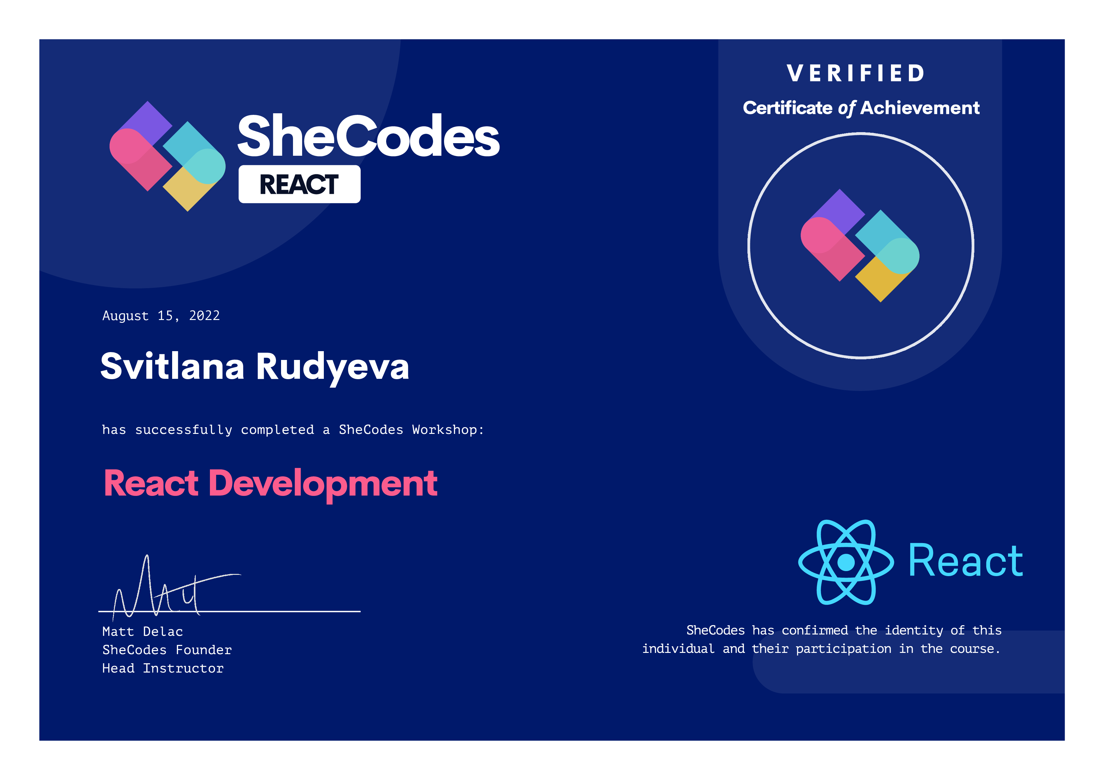 Certificate React Development